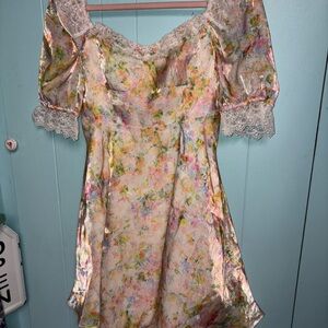 Floral Satin Dress with Lace Sleeves